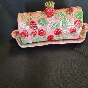 Handmade Strawberry Patterned Pink Ceramic Butter Dish